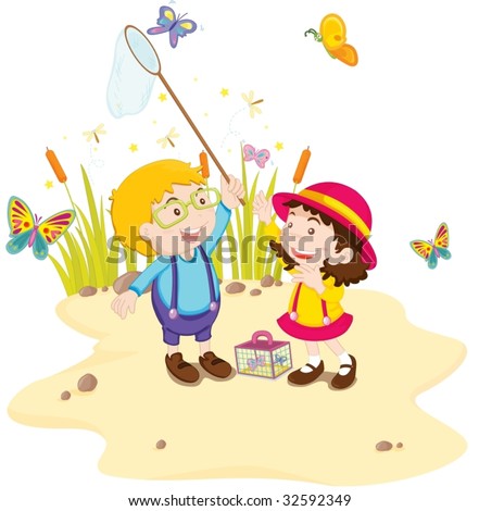Little Children Playing In The Park Catching Butterflies