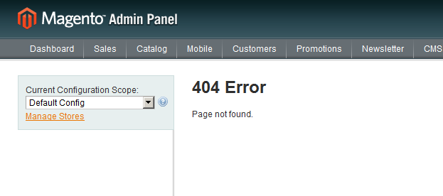 404 Error Page Not Found. Magento Admin