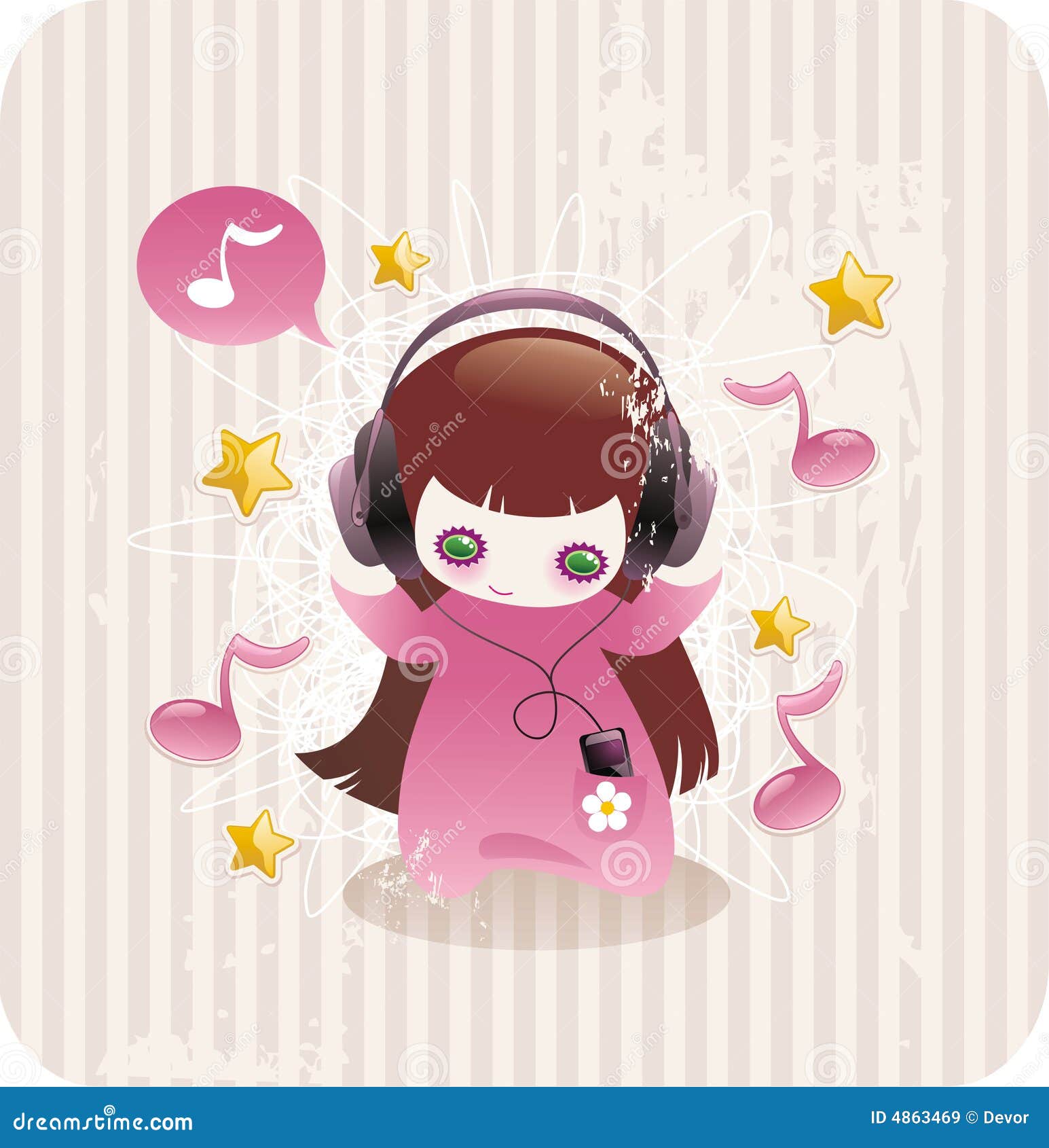 A Girl Listening To Music Cartoon