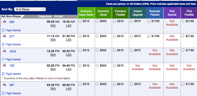 American Airlines First Class Domestic Flights