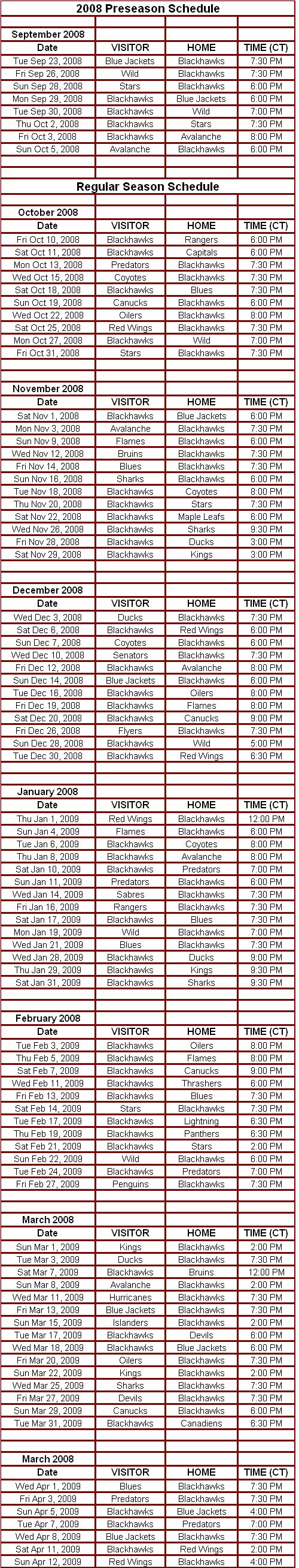 Blackhawks Schedule