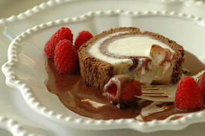 Chocolate Ice Cream Cake Roll With Raspberry Coulis