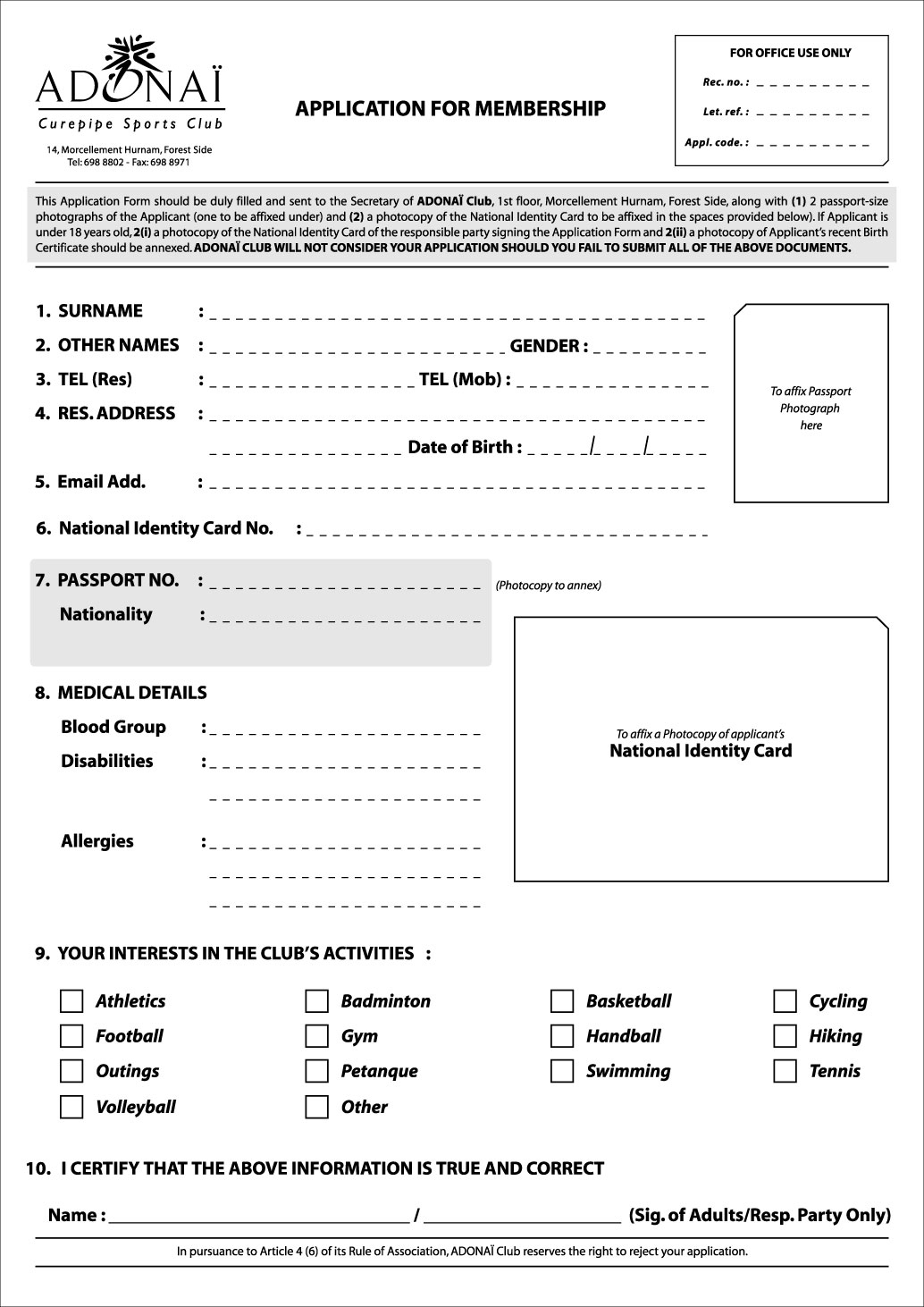 Club Membership Form Format