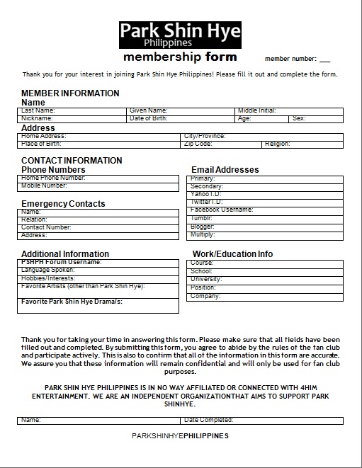 Club Membership Form Format