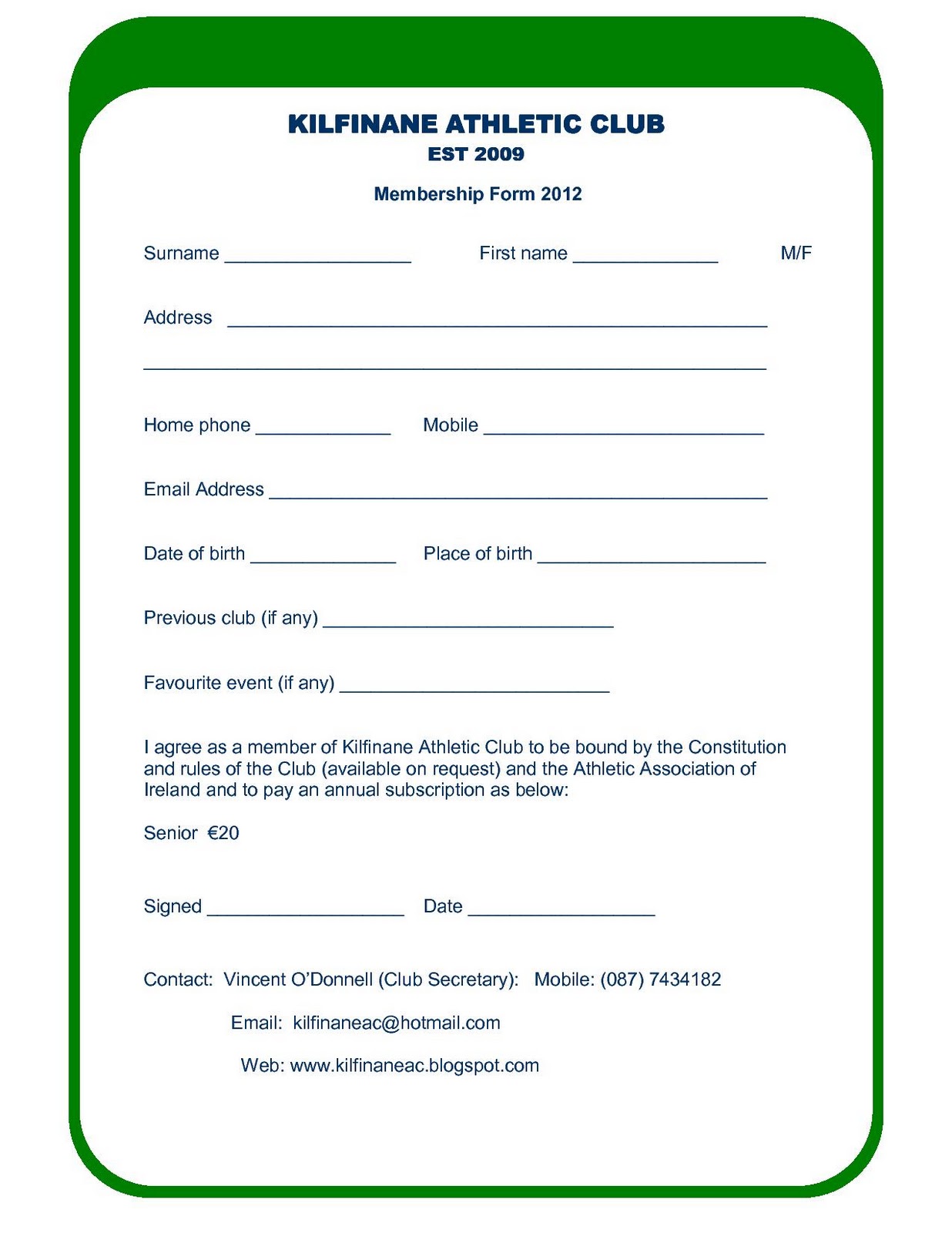 Club Membership Form Format