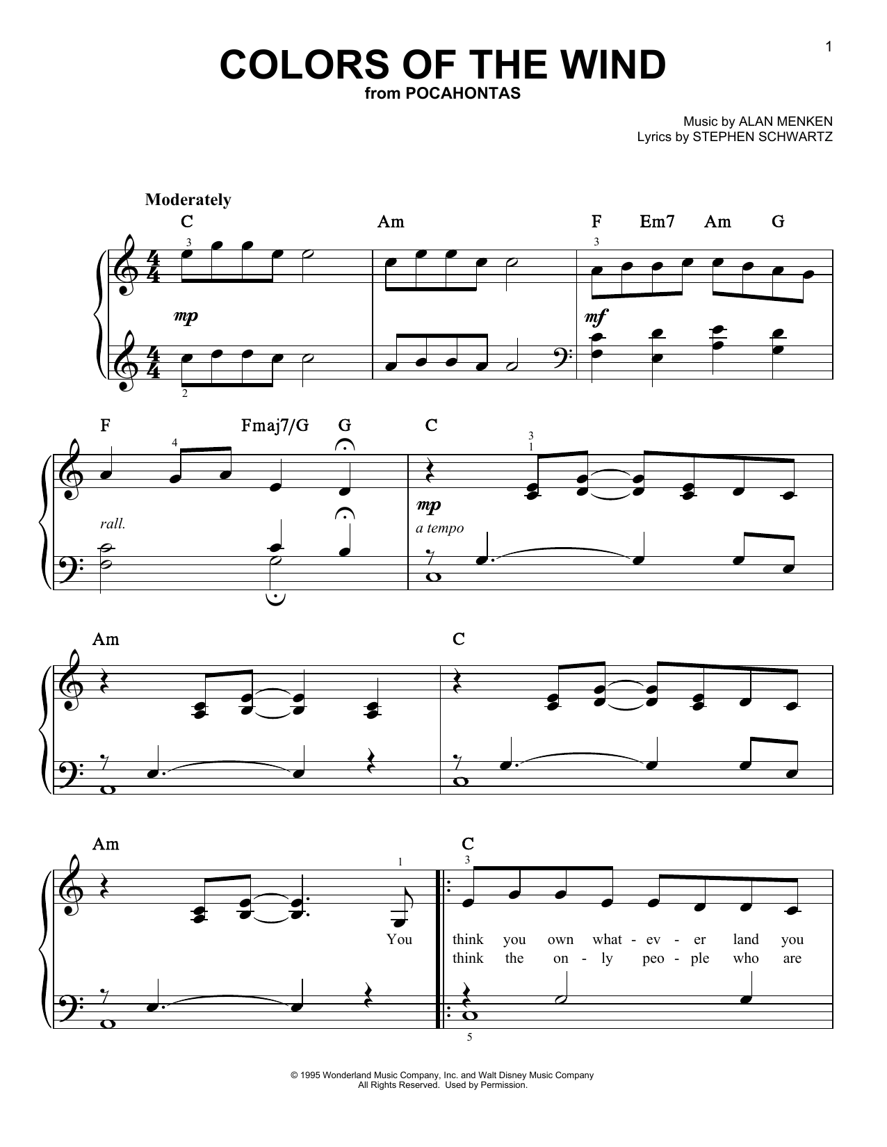 Colors Of The Wind Sheet Music With Lyrics