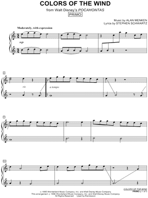 Colors Of The Wind Sheet Music With Lyrics