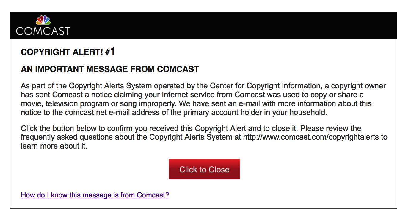 Copyright Infringement Letter From Comcast