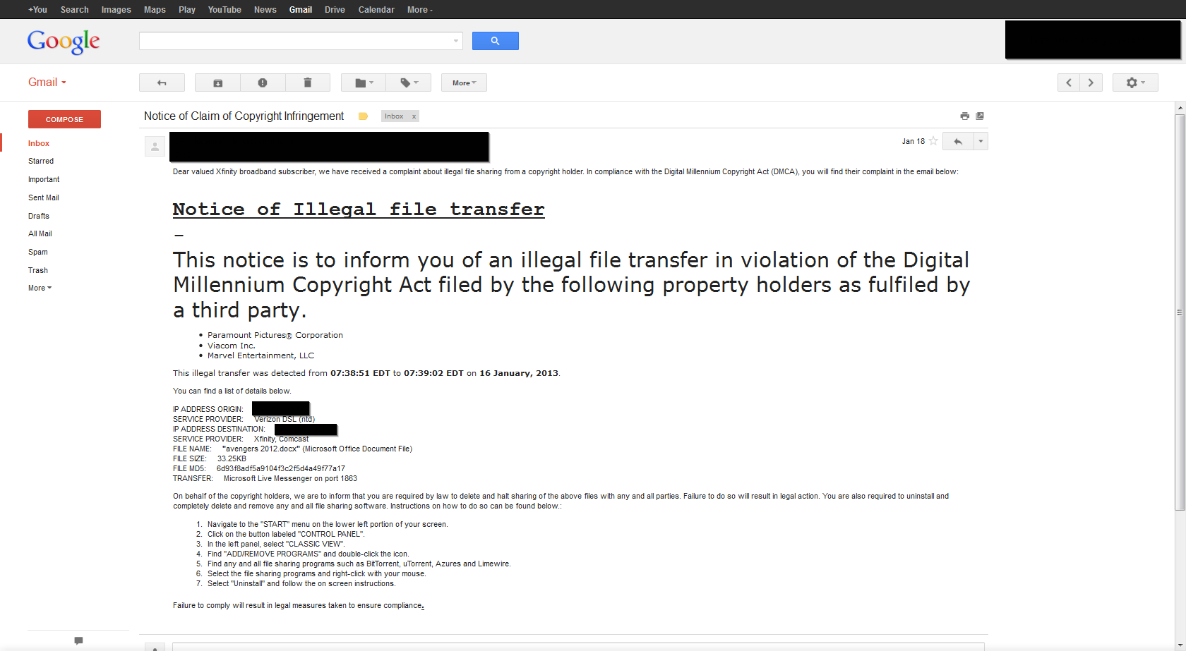 Copyright Infringement Letter From Comcast