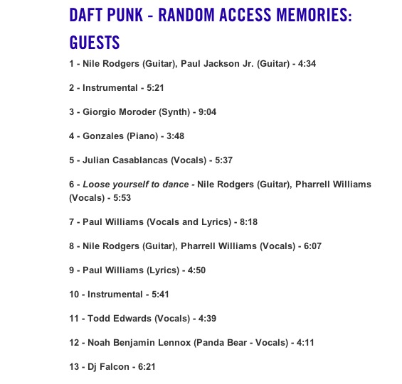 Daft Punk Random Access Memories Tracklist