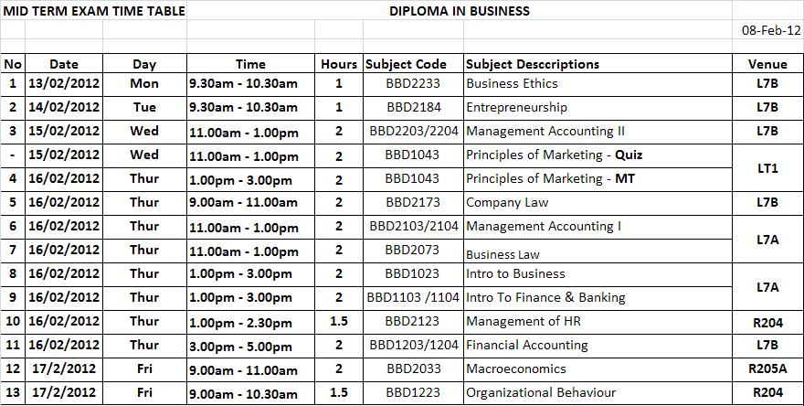 Exams Timetable Mq