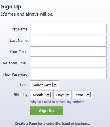 Facebook Sign Up Page