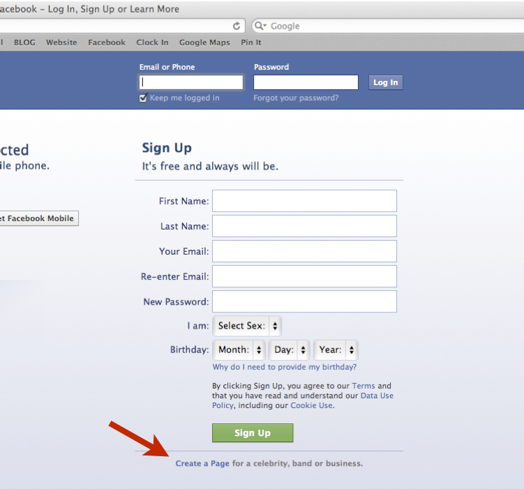 Facebook Sign Up Page