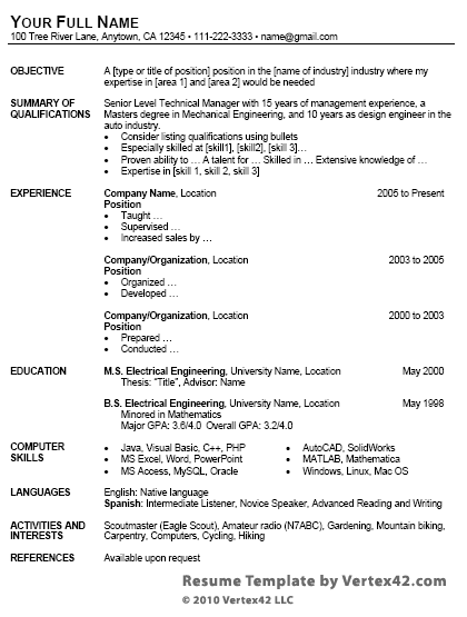 Format Of Resumes For Freshers