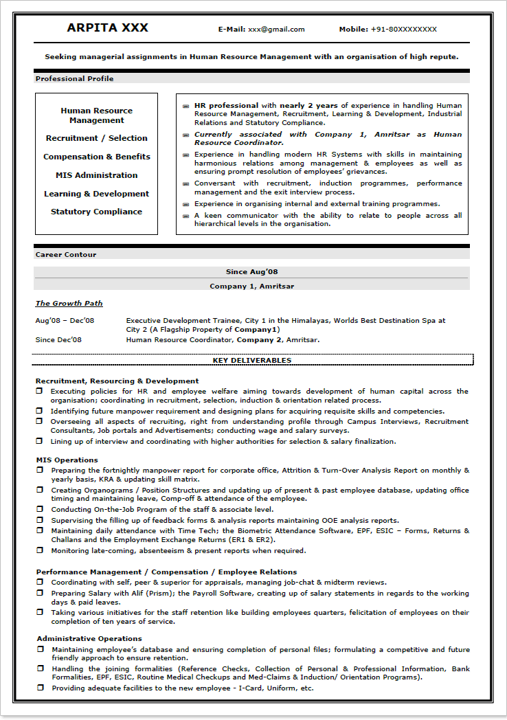 Hr Resumes Samples