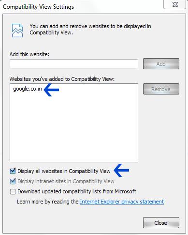 Internet Explorer 10 Compatibility View