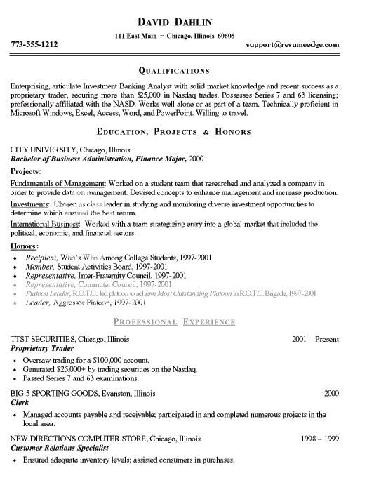 Investment Banking Analyst Resume Example