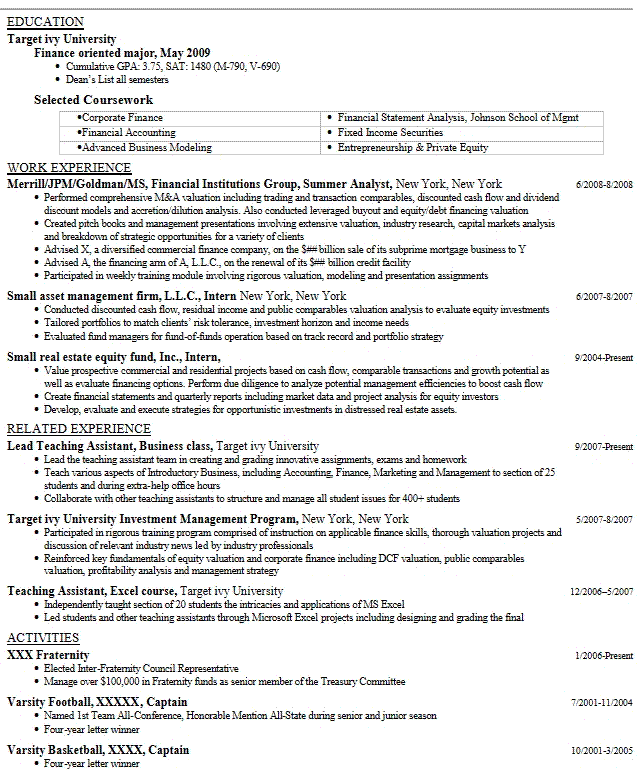 Investment Banking Analyst Resume Example