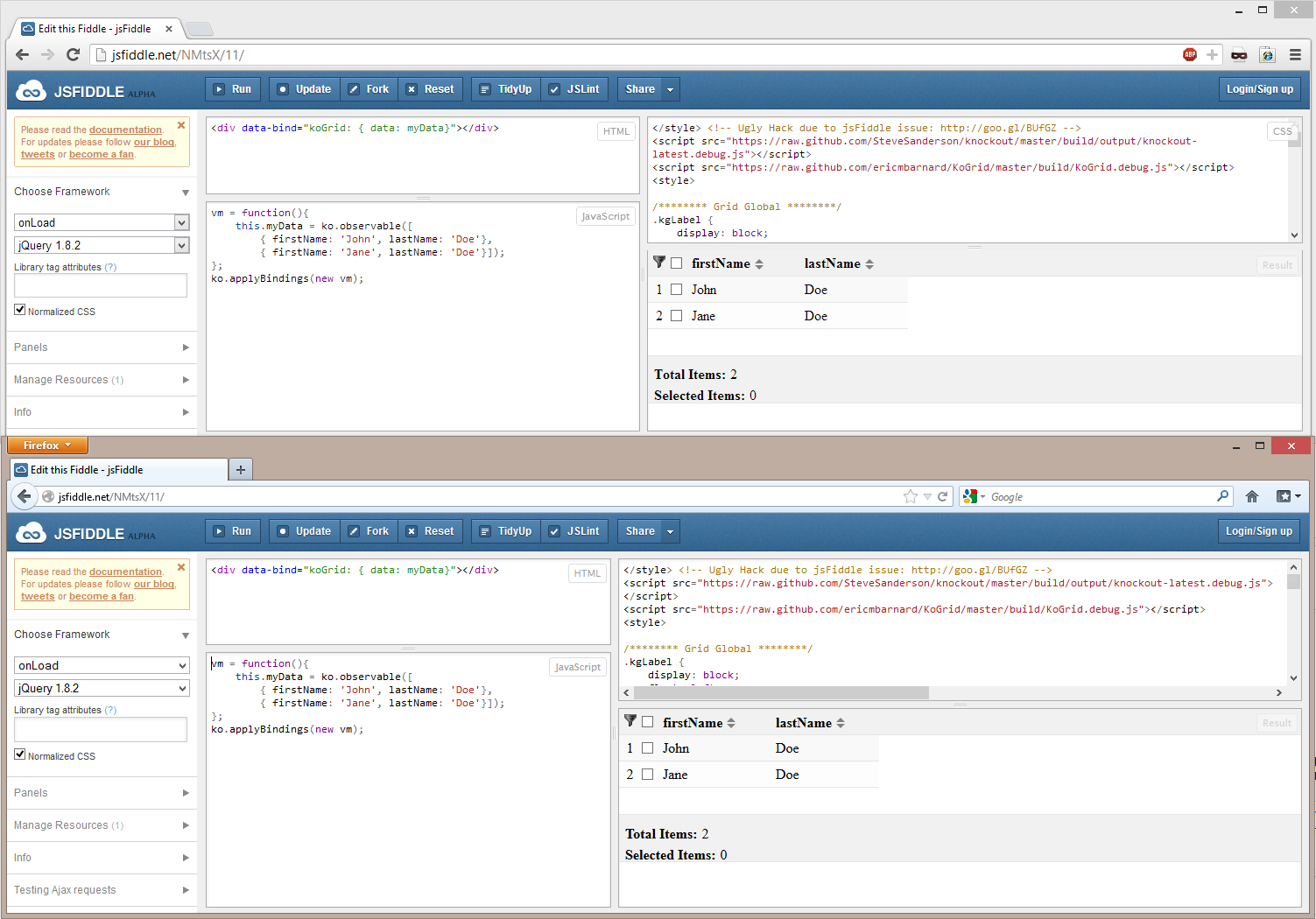 Jsfiddle Console Output