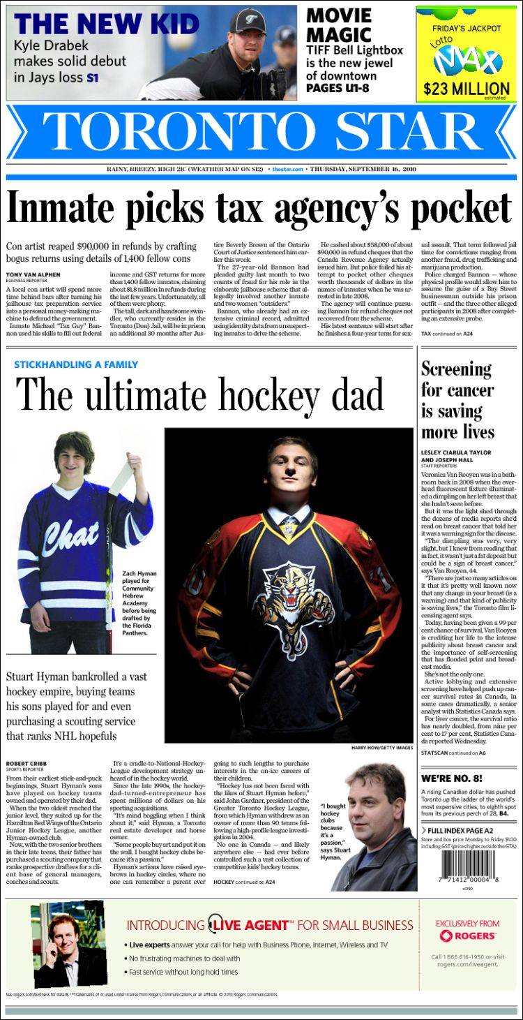 Newspaper Front Page Toronto Star