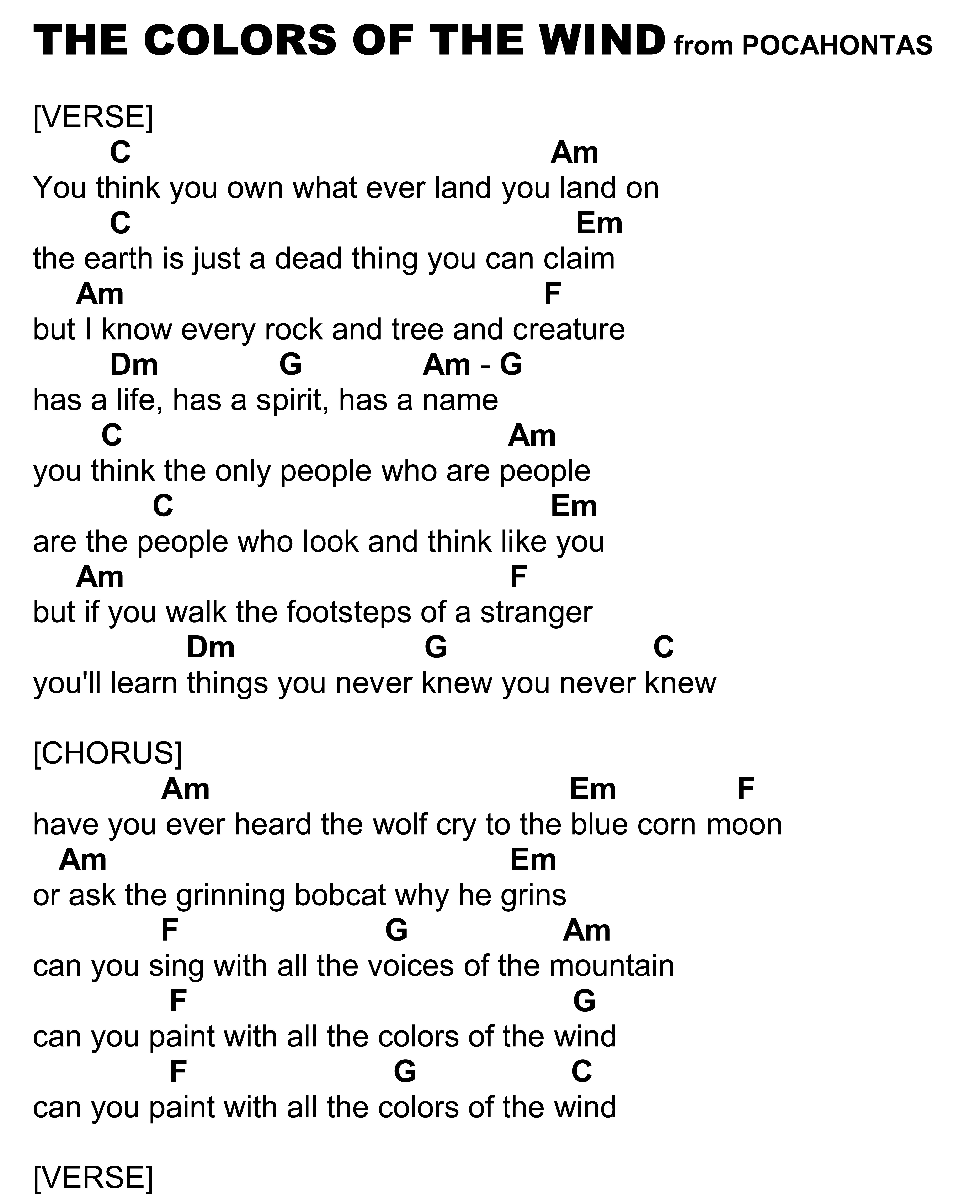 Pocahontas Colors Of The Wind Sheet Music