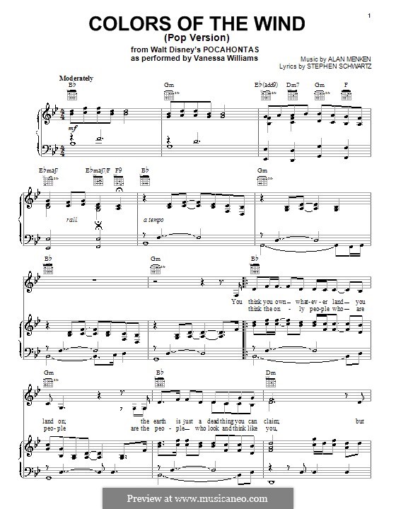 Pocahontas Colors Of The Wind Sheet Music Piano