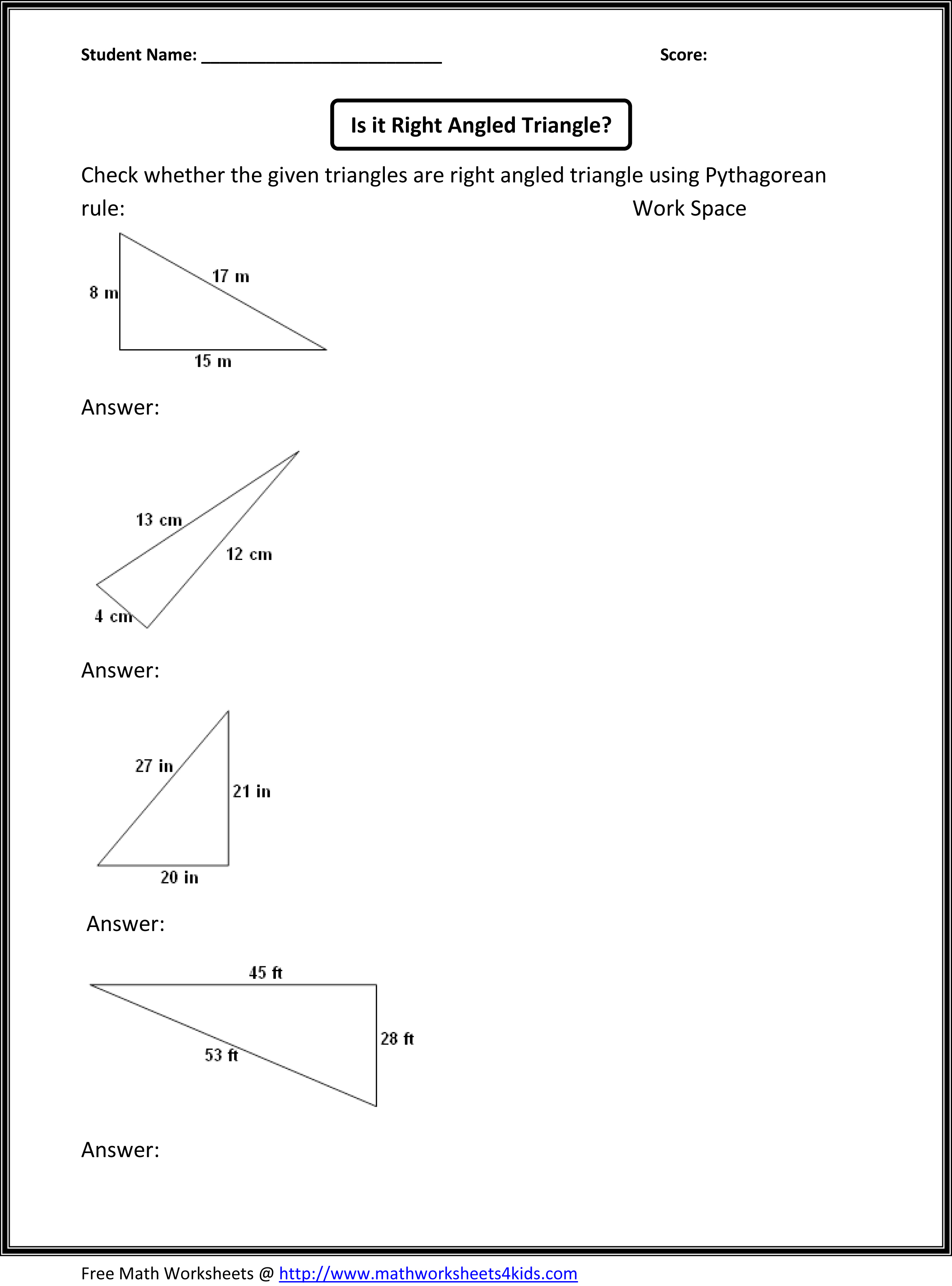 Pythagoras Theorem Worksheets And Answers