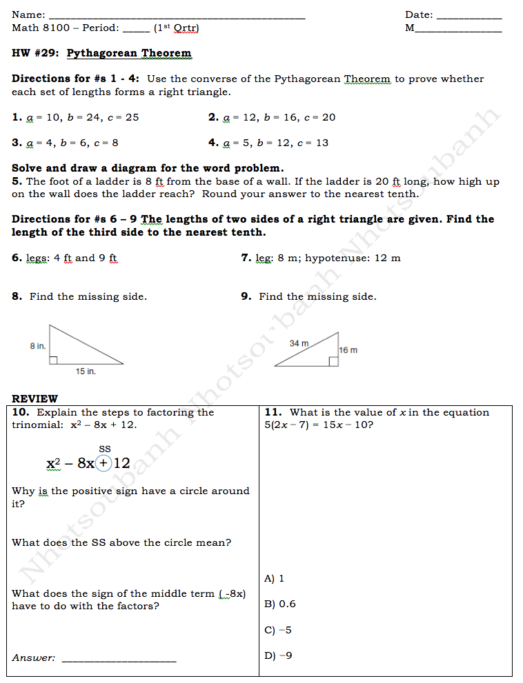 Pythagorean Theorem Worksheet