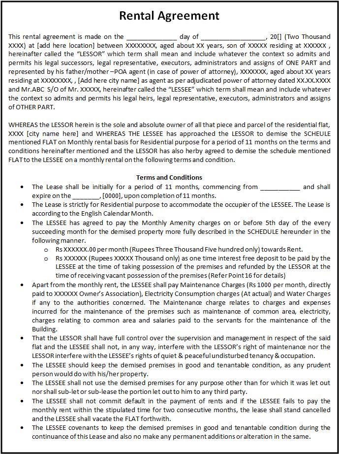 Rent Agreement Format