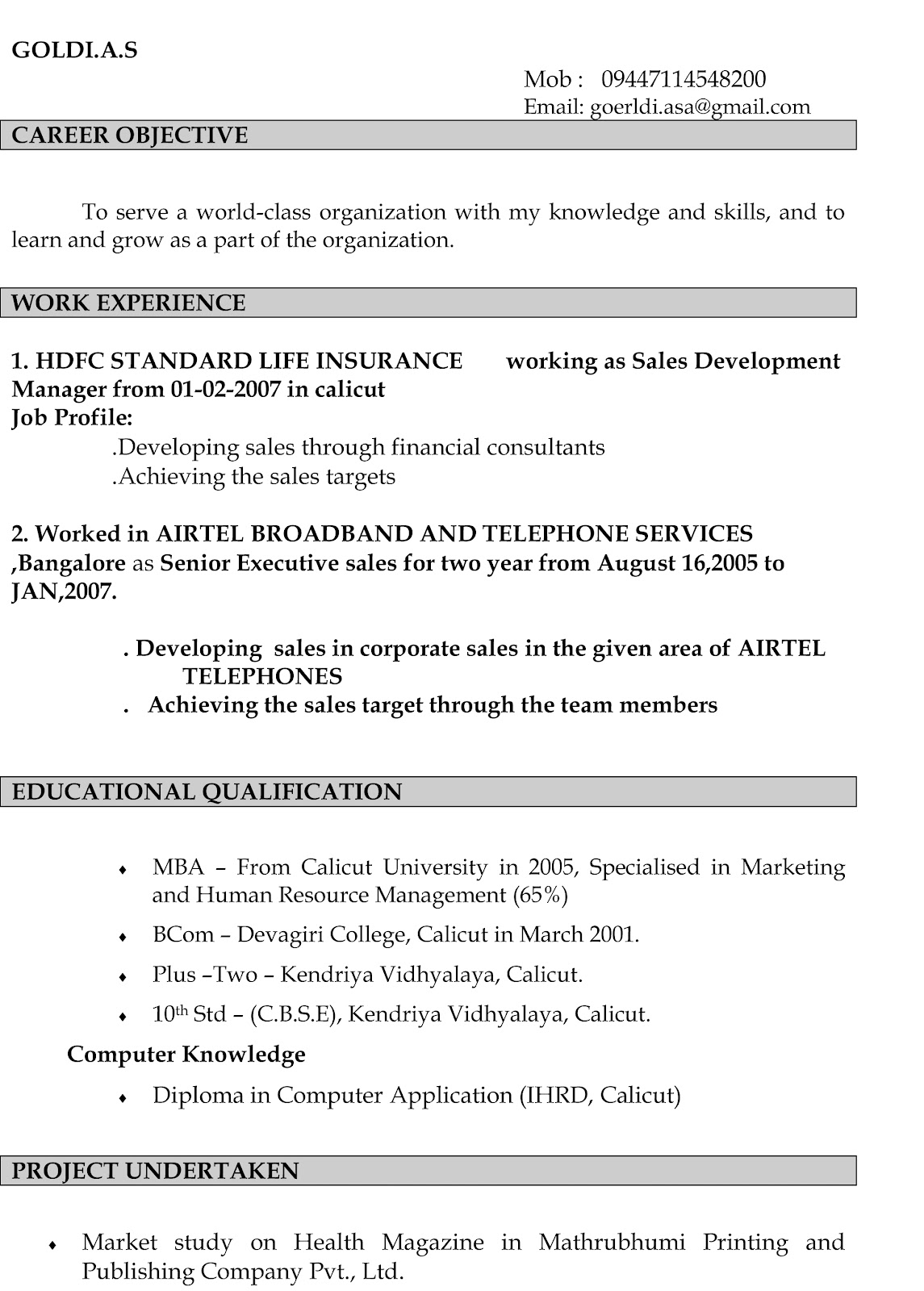 Resumes Format For Freshers