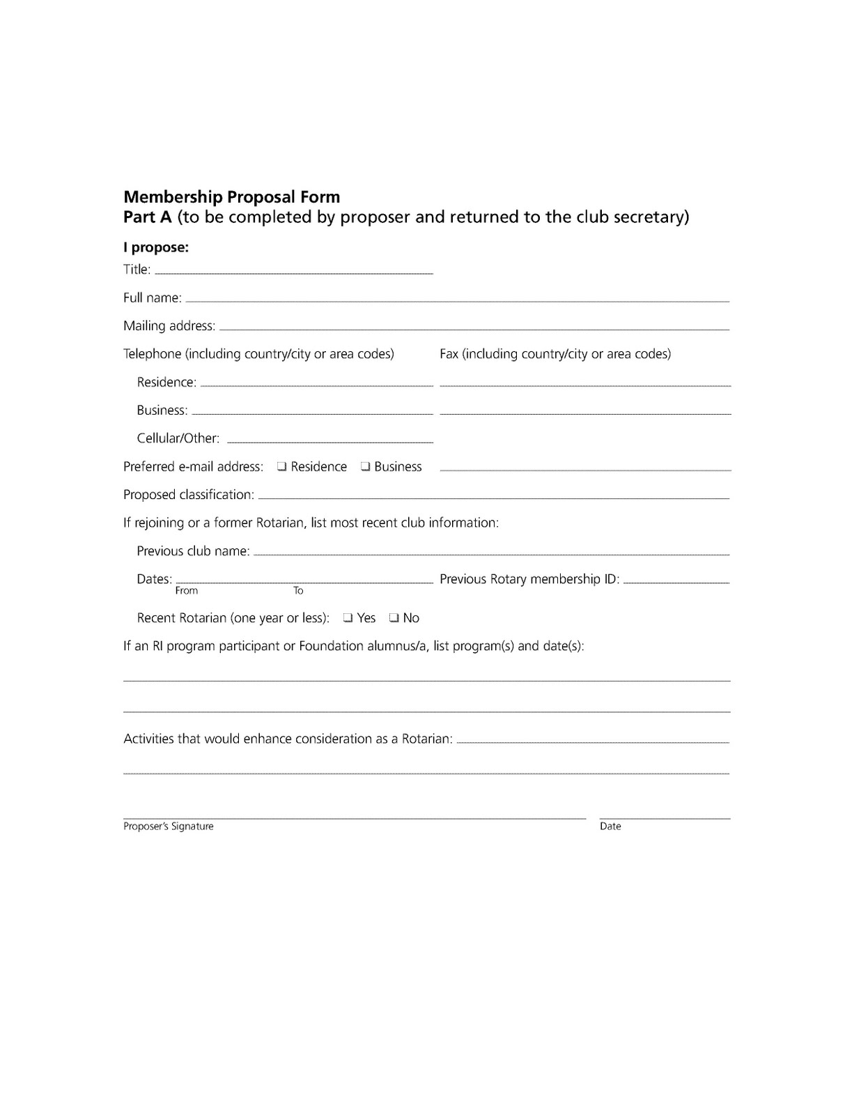 Rotary Club Membership Application Form