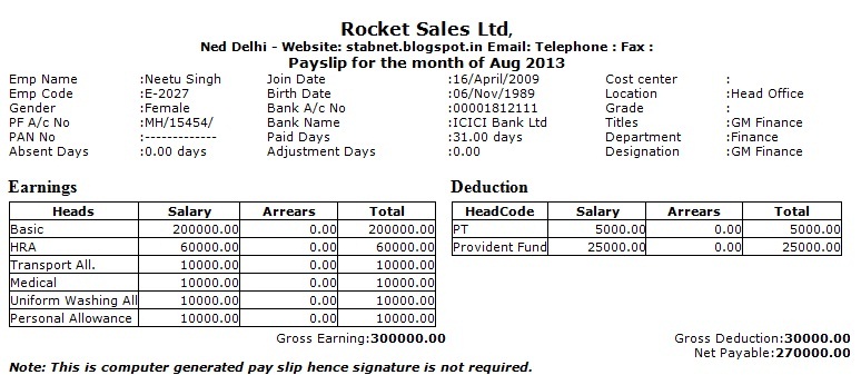 Salary Slip Format Excel Formula