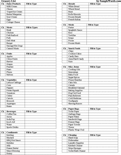 Shopping List Template For Word