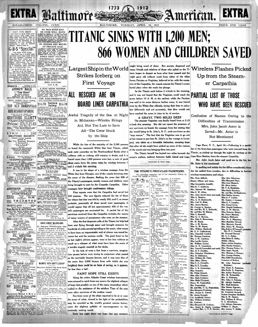 Titanic Sinking Newspaper Article