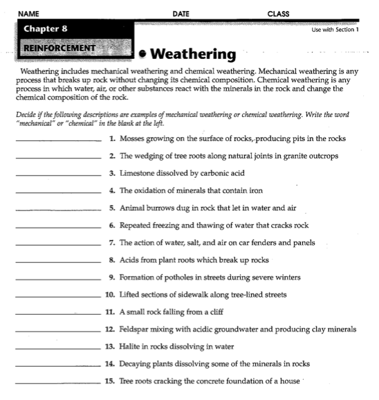 Weathering And Erosion Worksheets Middle School