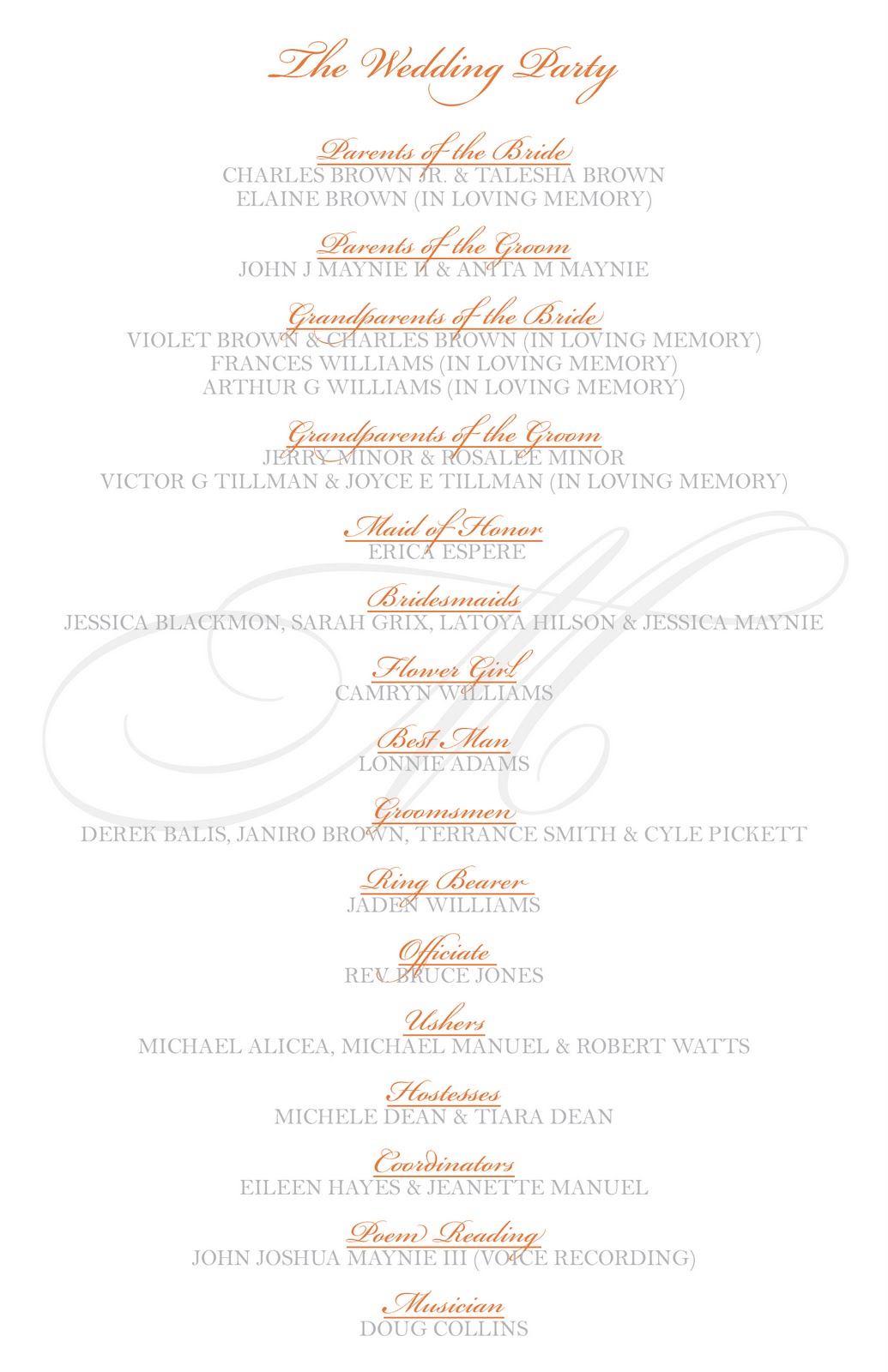 Wedding Reception Program Wording